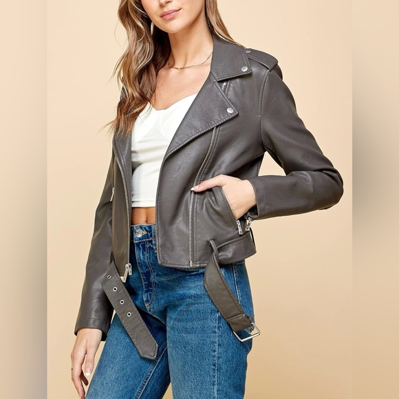 Faux Leather Zip Up Moto Biker Jacket -grey - Picture 2 of 7